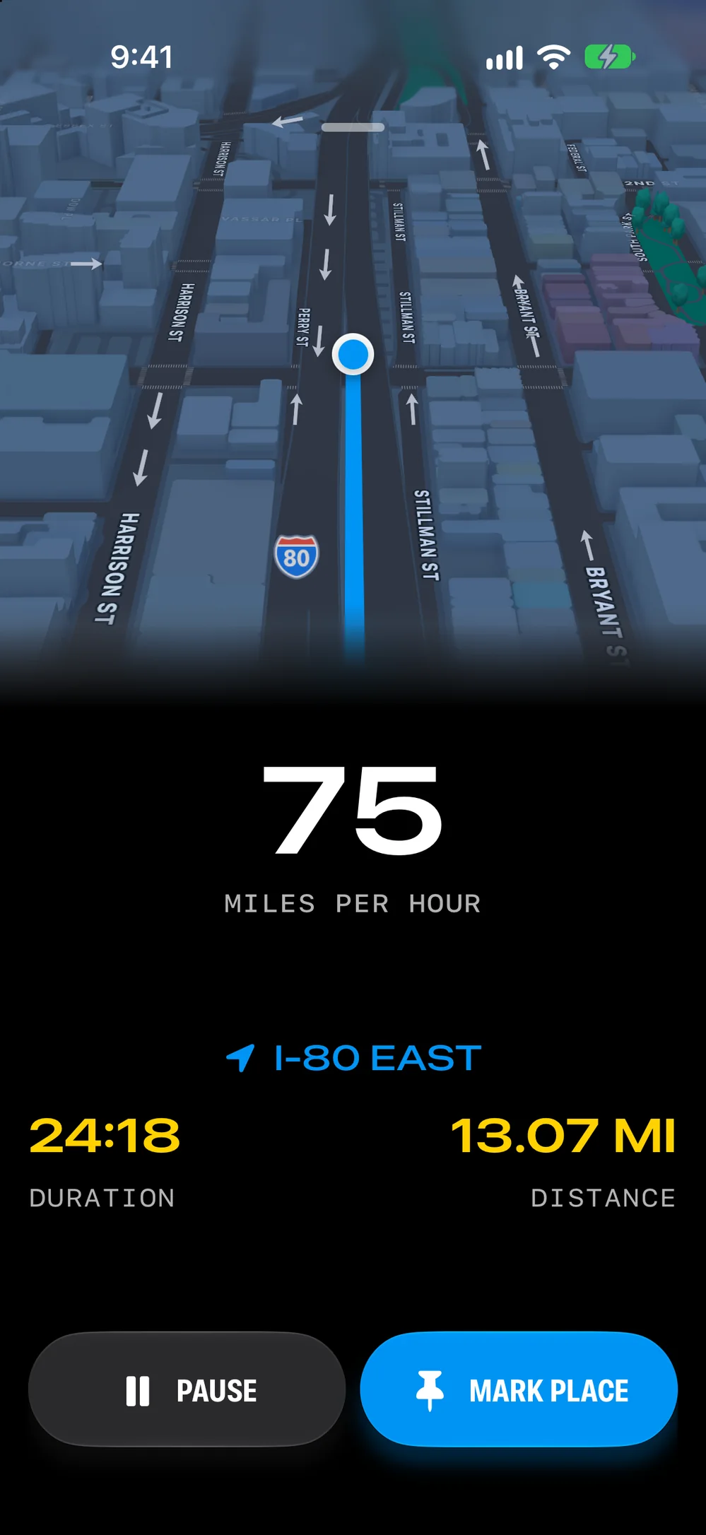 Milepost recording a drive on I-80 East at 75 miles per hour, on a 3D map of SoMa.