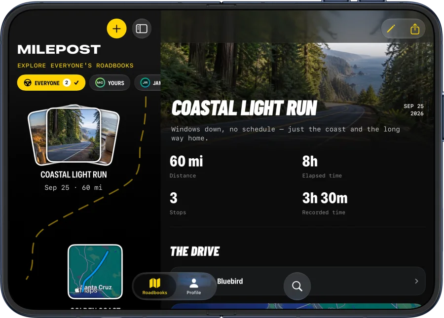 Milepost unfolded on iPhone Duo, with Roadbooks beside a Roadbook